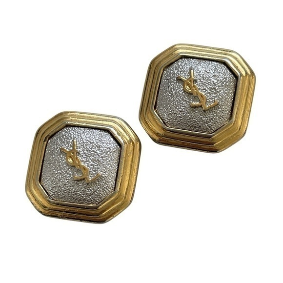 Ysl Vintage Gold And Silver Hexagon Clip On Earrings